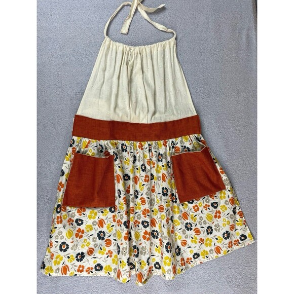 Full Apron Burnt Orange Burlap Pockets Floral Print Halter Smock Retro Inspired - Picture 2 of 15